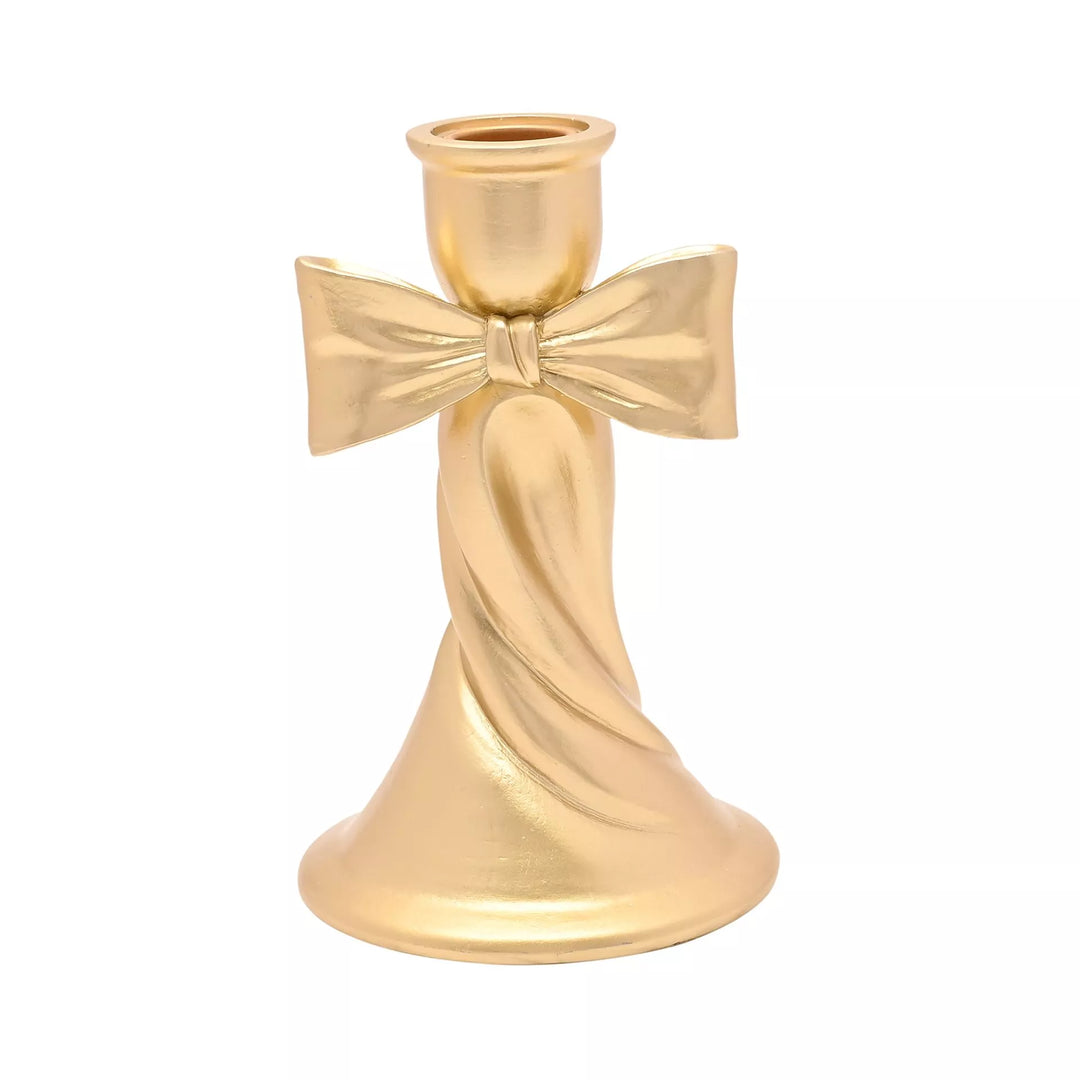 Gold ribbon tall taper candle holder by Widdop & Co, with elegant design and smooth finish for decorative candle display.