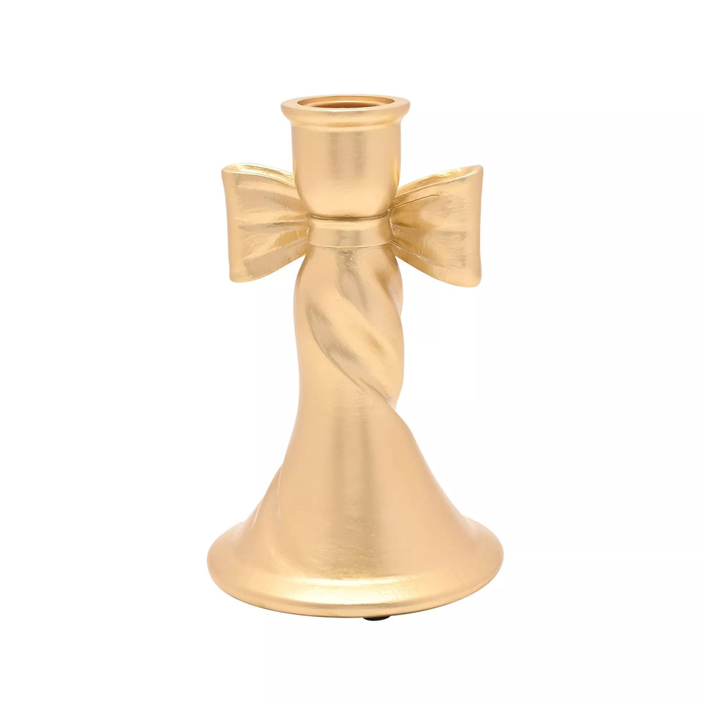Gold ribbon tall taper candle holder by Widdop & Co, featuring a decorative ribbon design, perfect for elegant table settings.