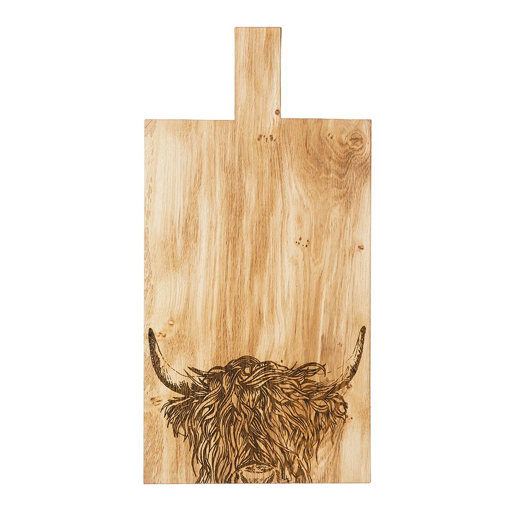 Large oak serving paddle with Highland cow design from Selbrae House by Cornucopia Home and Gift, perfect for serving cheese or charcuterie.