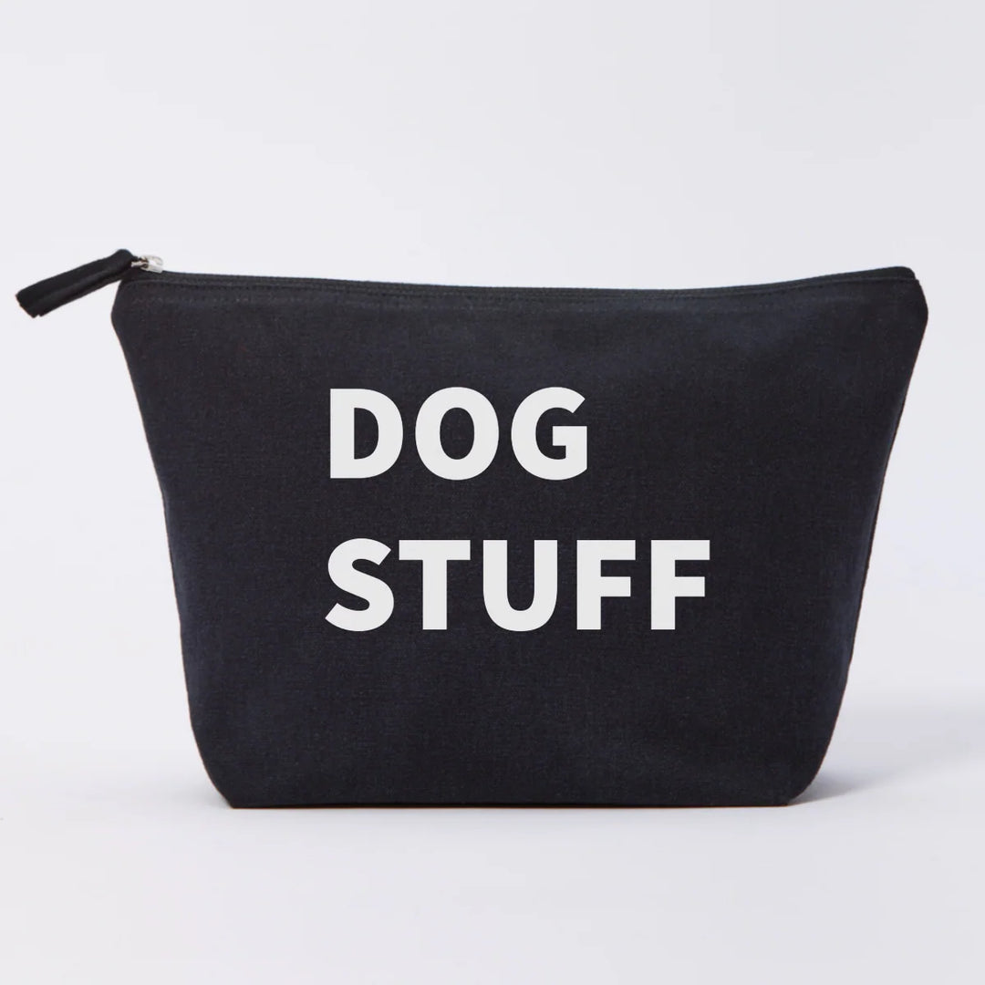 Large black "Dog Stuff" pouch by Cornucopia Home and Gift, featuring a spacious storage pocket for pet accessories.