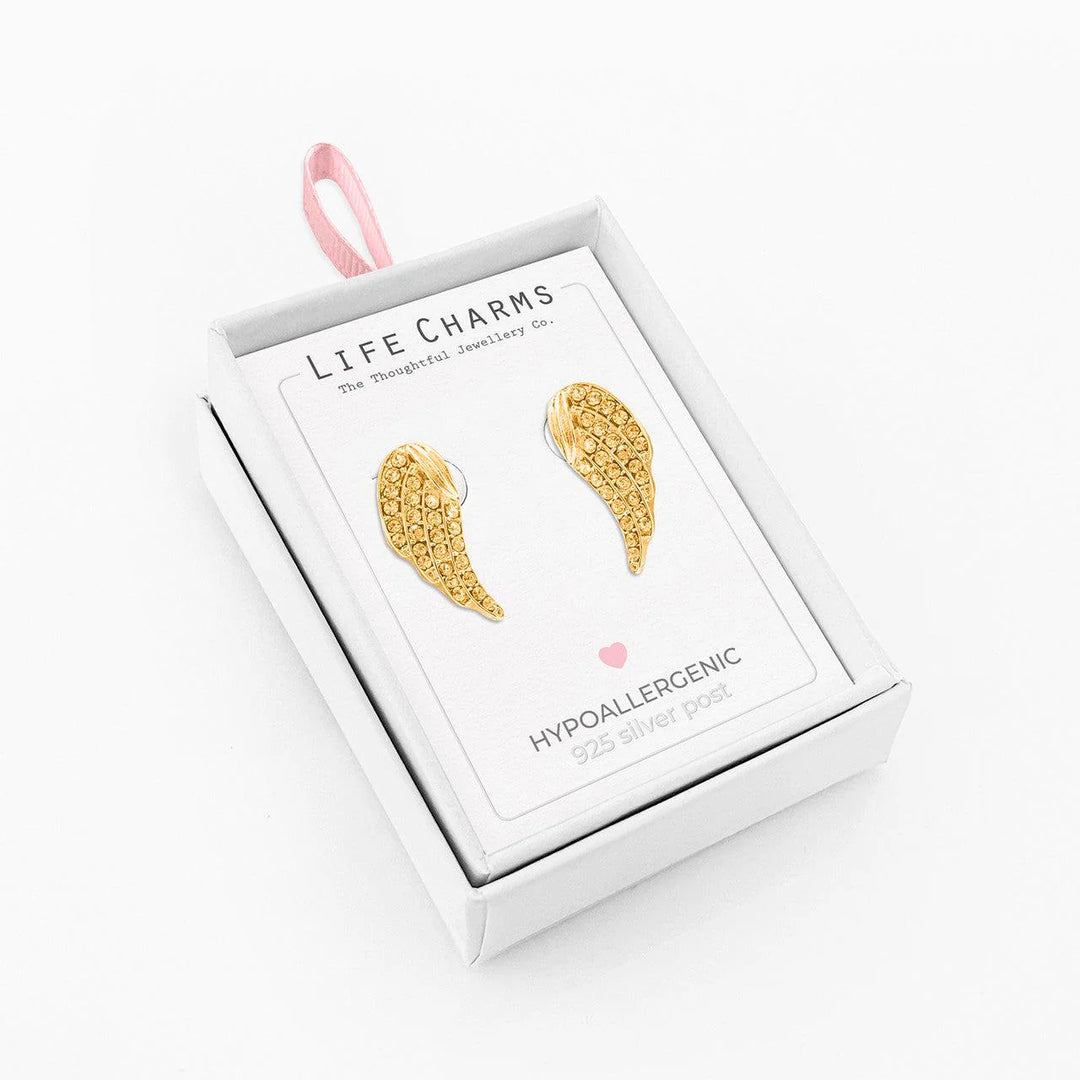 Crystal Angel Wings earrings by Life Charms featuring delicate angel wing design with sparkling crystals, perfect for elegant jewelry.