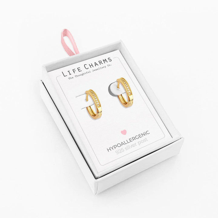 Gold circle earrings with diamond accents from Life Charms by Cornucopia Home and Gift, shown in a close-up image.