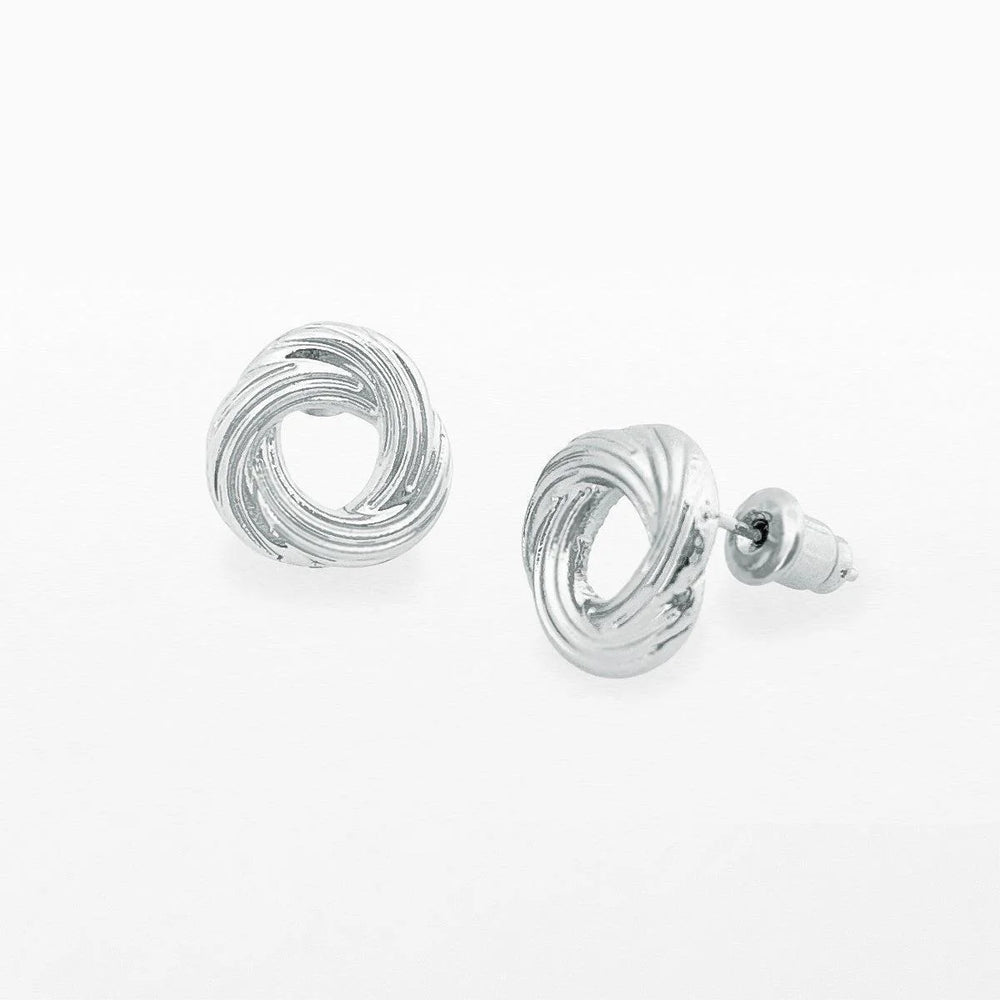Silver knot stud earrings by Life Charms from Cornucopia Home and Gift, featuring sleek silver knots on a white background.