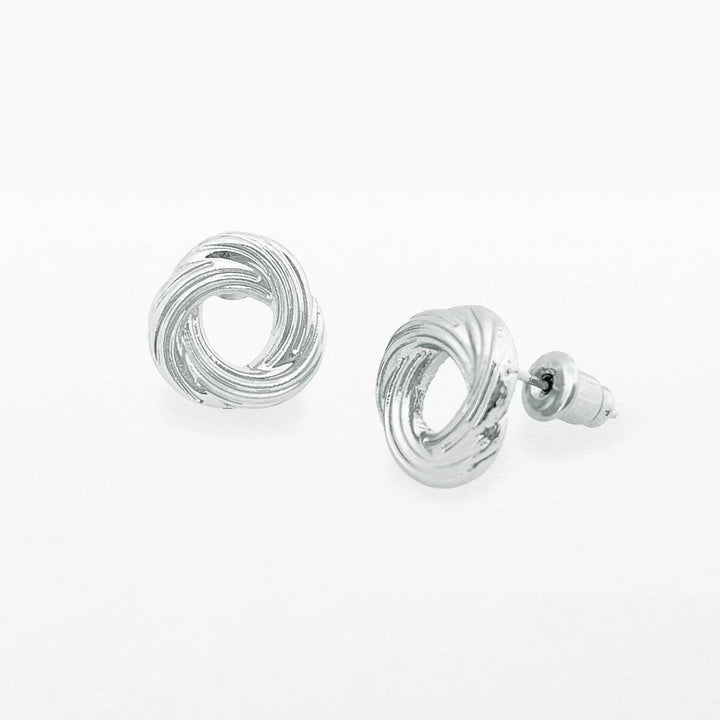 Silver knot stud earrings by Life Charms from Cornucopia Home and Gift, featuring sleek silver knots on a white background.