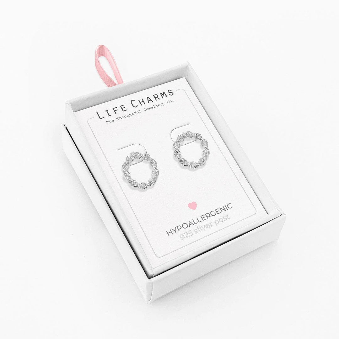 Open silver circle stud earrings