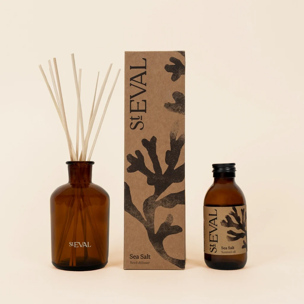 Sea Salt Reed Diffuser by St Eval from Cornucopia Home and Gift, showcasing the elegant diffuser with natural reed sticks.