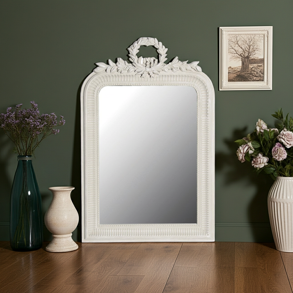 Coach House Elegant Leaves Wreath Mirror by Cornucopia Worcester, decorative wall mirror with leaf motif and ornate frame.