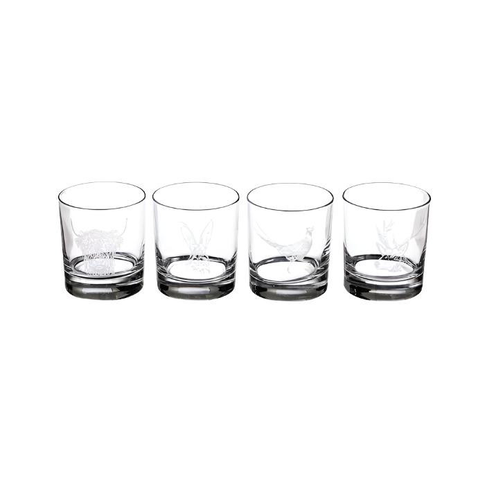 Set of four Selbrae House glass tumblers featuring country animal designs by Cornucopia Home and Gift.