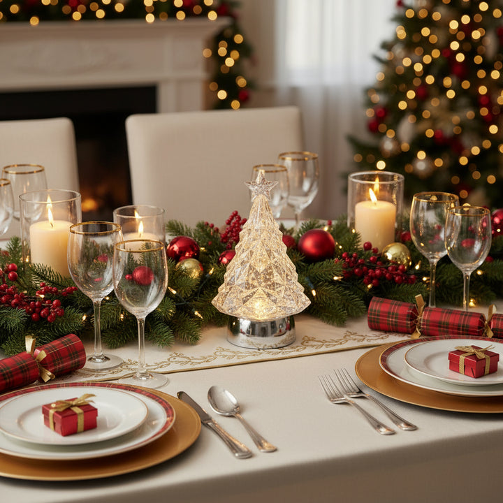 Small Christmas Tree Water Spinner by Cornucopia Home and Gift featuring a festive LED-lit water spinner with a Christmas tree design.