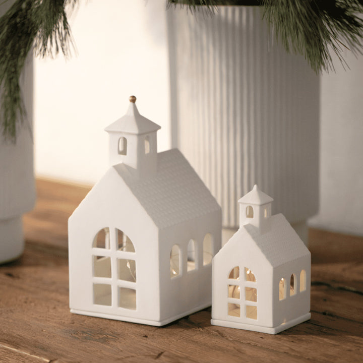 Large Radër Chapel tea light house by Cornucopia Home and Gift, detailed ceramic lantern with a chapel design and intricate cutouts.
