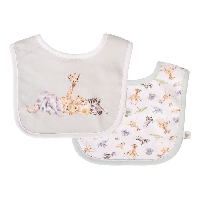 Wrendale Designs Little Wren Bib gift set featuring adorable animal illustrations on soft fabric for babies.