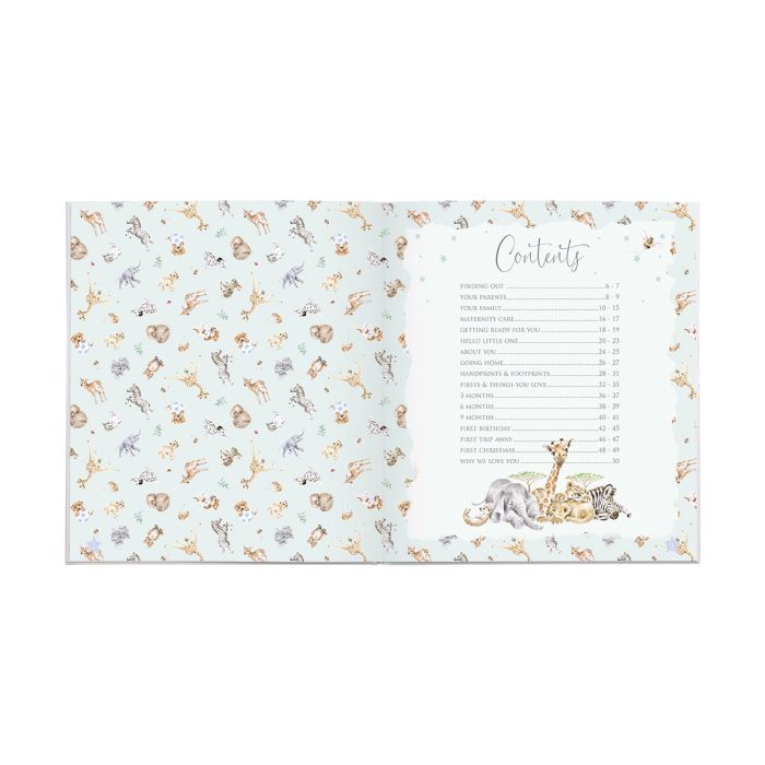 Baby record book by Wrendale Designs featuring charming animal illustrations, perfect for recording baby's milestones.