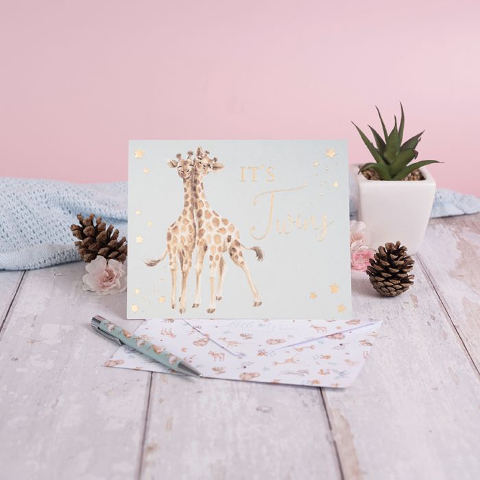 Wrendale Designs "Double the Joy Its Twins" greeting card featuring charming illustrated twins, perfect for special occasions.