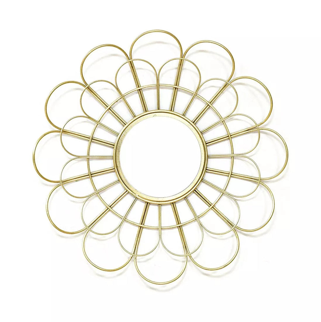 Gold round metal mirror, 70cm diameter, by Widdop &amp; Co for Cornucopia Home and Gift, featuring a sleek, modern design.