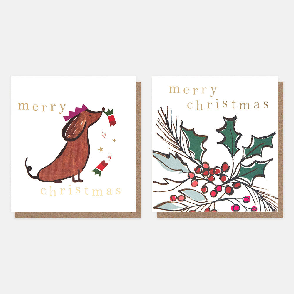Charity Christmas Cards - 8 Pack, Sausage Dog and Holly