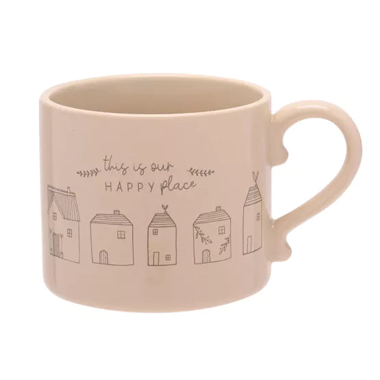 Cornucopia Home and Gift Moments Mug featuring "Happy Place" design, ceramic cup with cheerful, colorful pattern on white background.