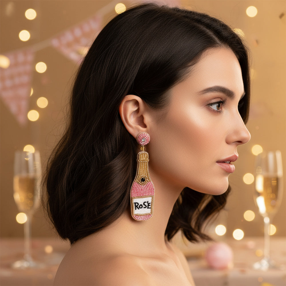 Pink beaded Rose Earrings from My Doris, featuring delicate pink rose-shaped beads and silver hooks, perfect for elegant style.