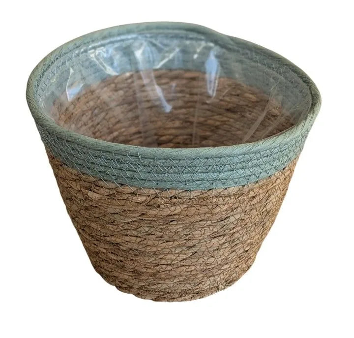 Large blue-trim natural woven lined pot cover by Gisela Graham, designed for decorative plant containers.