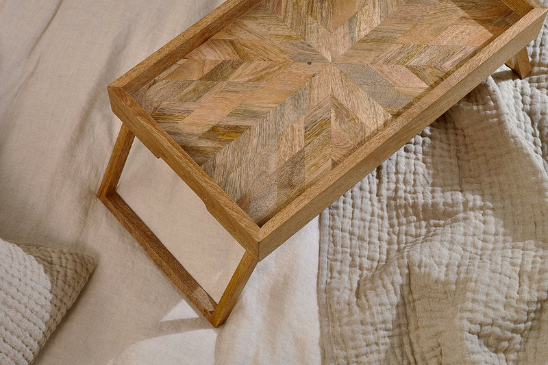 Nkuku Pawi mango wood breakfast tray with handles, crafted for serving breakfast in natural, durable wood finish.