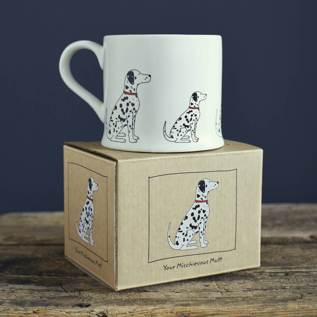 Dalmatian Dog Mug by Sweet William, featuring a white mug with black Dalmatian spots and a playful dog design.