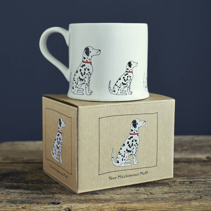Dalmatian Dog Mug by Sweet William, featuring a white mug with black Dalmatian spots and a playful dog design.