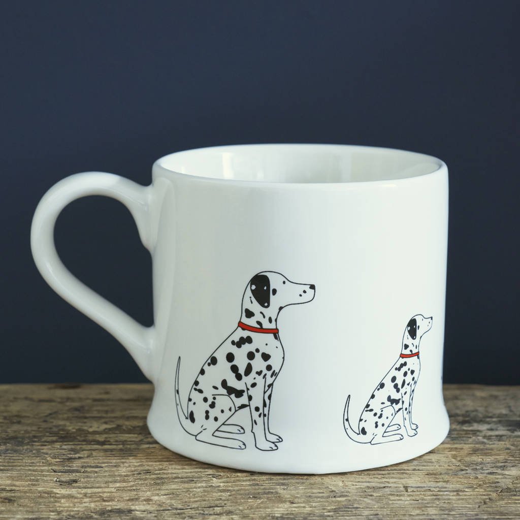 White ceramic Dalmatian Dog Mug featuring black spots, designed by Sweet William for Cornucopia Worcester.