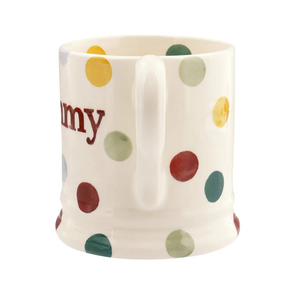 Emma Bridgewater Polka Dot 'Mum' half pint mug with colorful polka dot design and "Mum" lettering on white ceramic.