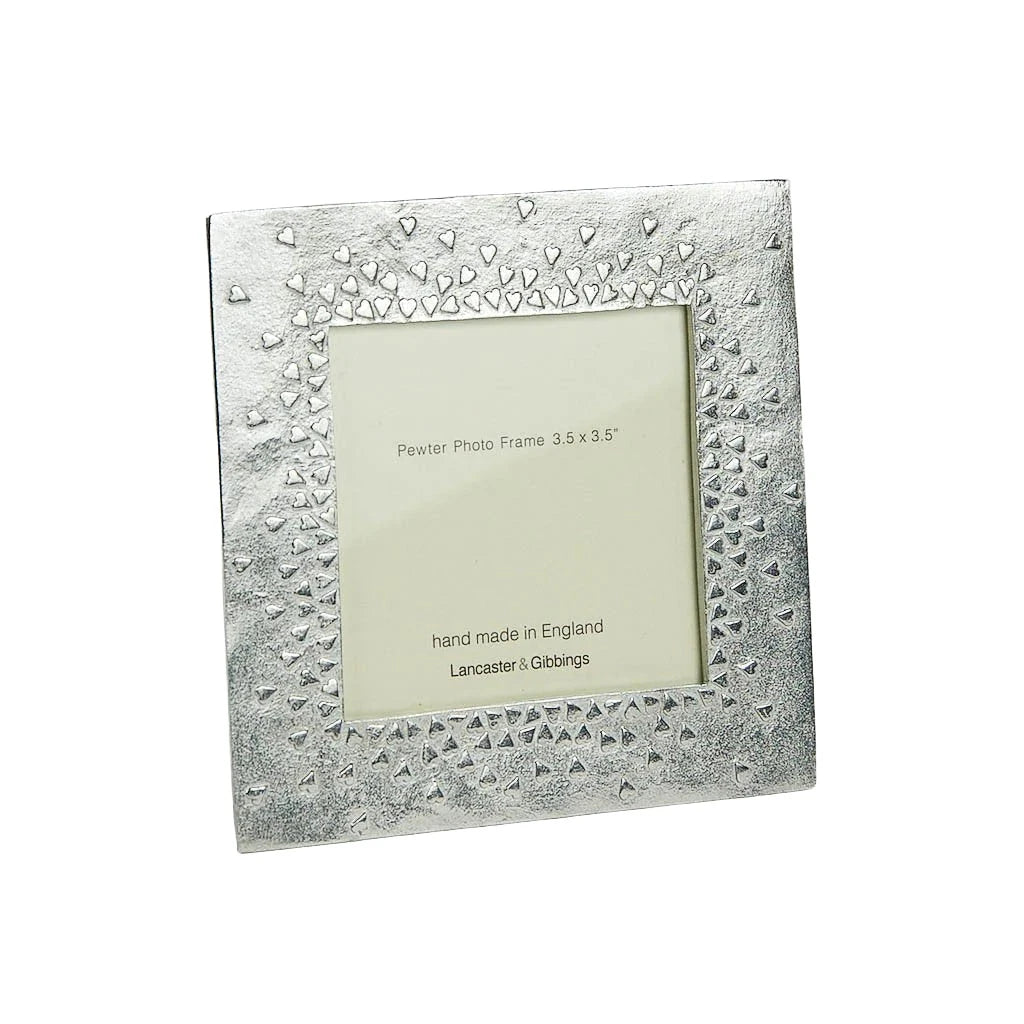 Handmade Lancaster and Gibbings pewter floating hearts photo frame with intricate detailing, crafted in England.