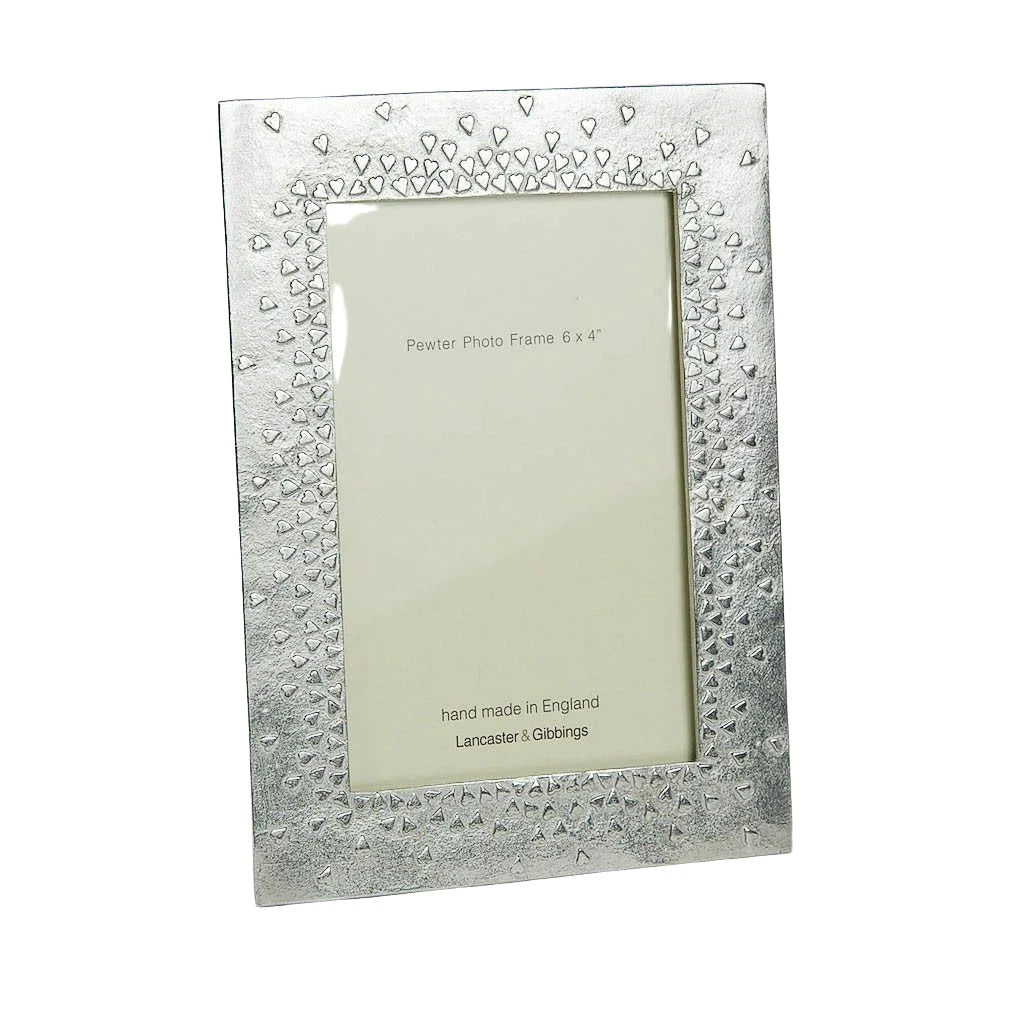 Handmade Lancaster and Gibbings pewter floating hearts photo frame by Cornucopia Home and Gift, featuring a delicate heart design.