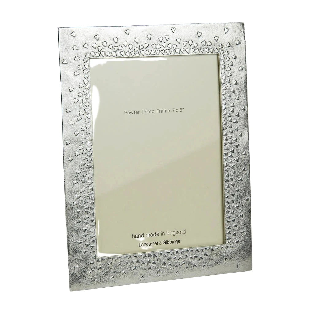 Handmade Lancaster and Gibbings pewter floating hearts photo frame by Cornucopia Home and Gift, made in England.