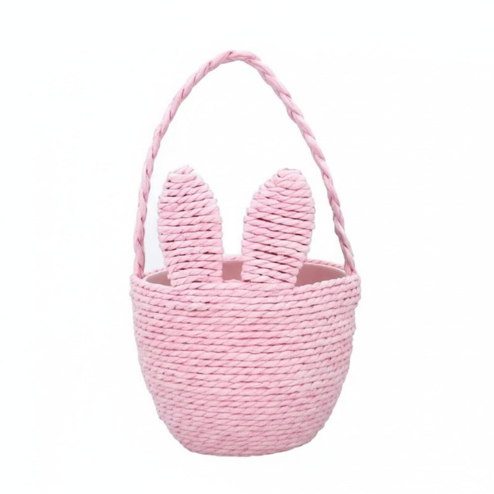 Pink, blue, and yellow bunny ear Easter egg basket by Gisela Graham with a charming bunny face and soft pastel colors.