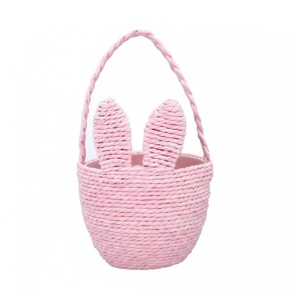 Pink, blue, and yellow bunny ear Easter egg basket by Gisela Graham with a charming bunny face and soft pastel colors.