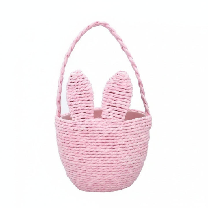 Pink, blue, and yellow bunny ear Easter egg basket by Gisela Graham with a charming bunny face and soft pastel colors.