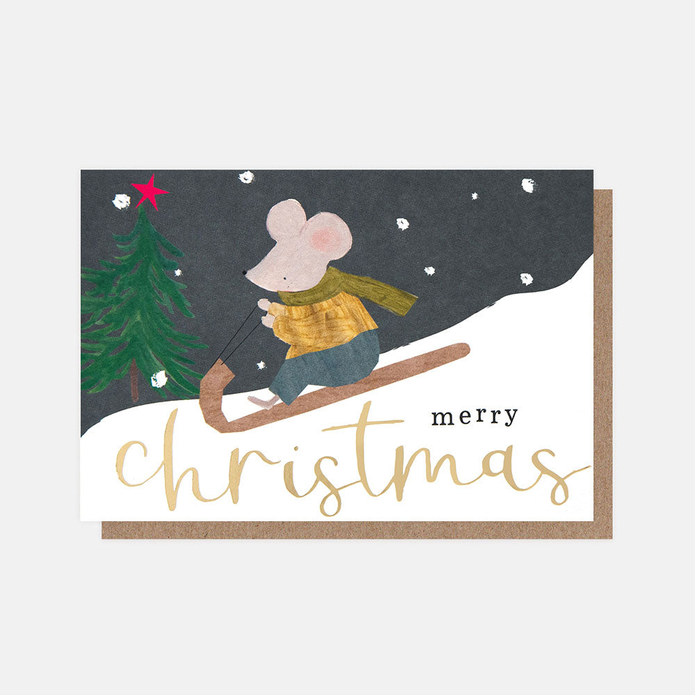 Sledding Mouse Christmas Cards - Pack of 10, Gold Foil