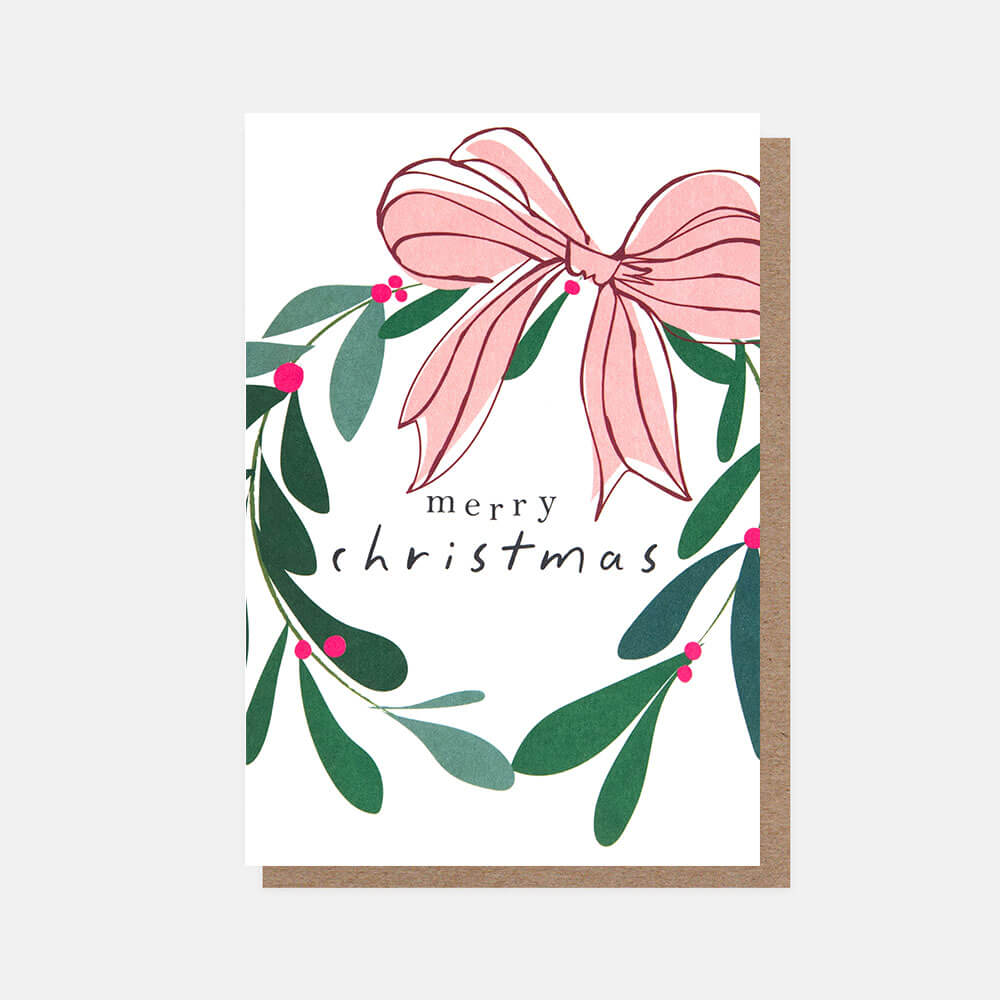 Wreath with Pink Bow Merry Christmas Cards - Pack of 10