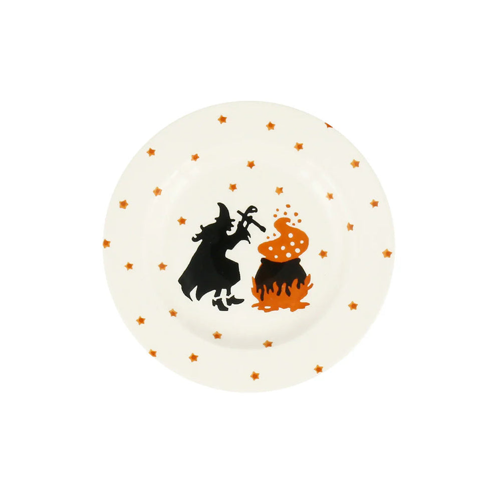 Emma Bridgewater Wise Witches 6½" ceramic side plate with witch and moon design, featuring colorful Halloween-themed artwork.