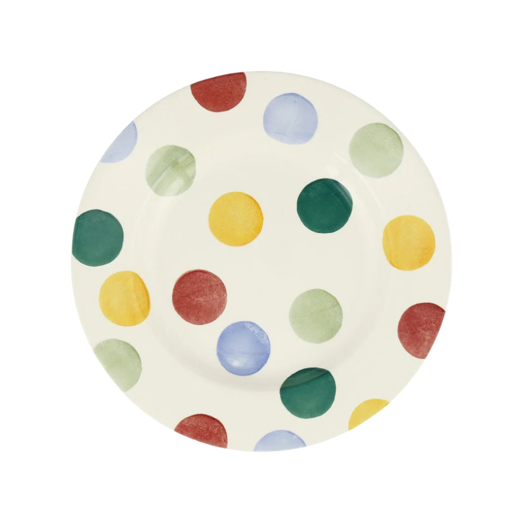 Emma Bridgewater Big Polka Dots 8½-inch plate with a colorful polka dot pattern on white ceramic, perfect for serving or display.