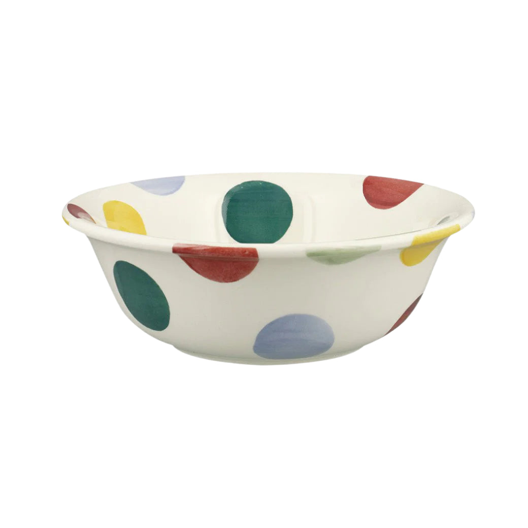 Emma Bridgewater Big Polka Dots cereal bowl with a colorful polka dot pattern on white ceramic, perfect for breakfast serving.