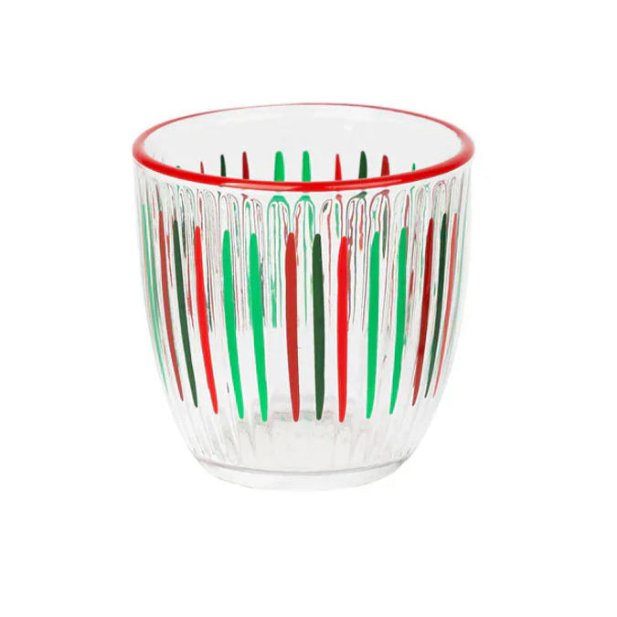 Red and green striped Christmas tumbler by Cornucopia Home and Gift, featuring festive holiday design and a durable drinking cup.