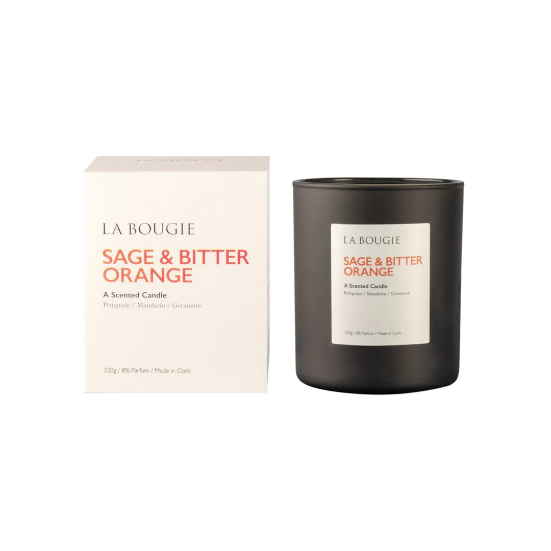 Sage and bitter orange scented La Bougie candle by Cornucopia Home and Gift in a glass holder.