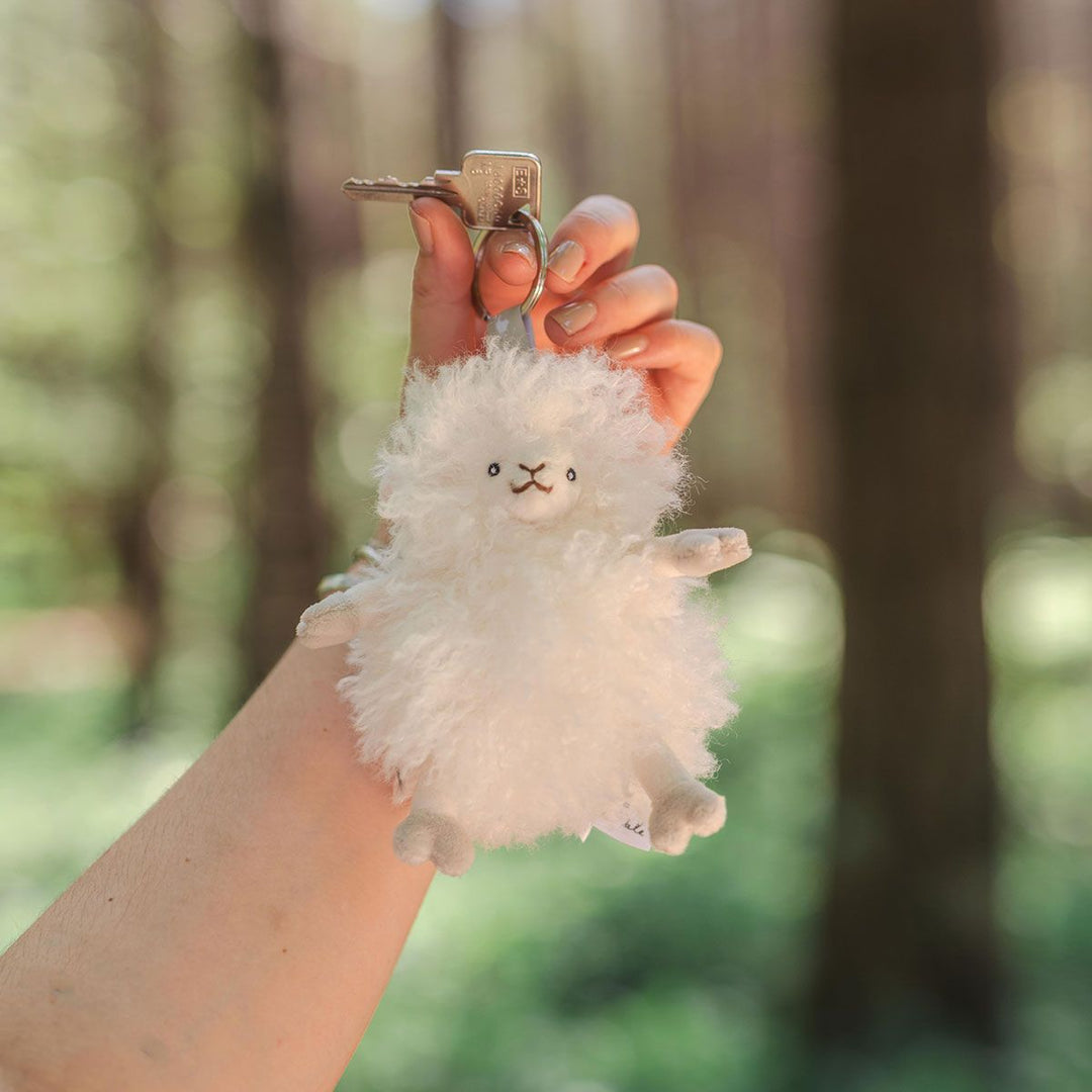 Wrendale Designs Beryl sheep plush keyring featuring a soft, cute sheep plush with detailed embroidery and a metal keyring attachment.