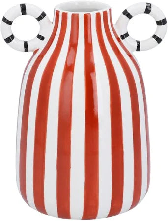 Gisela Graham ceramic vase with a dark red stripe design, modernist style, decorative home accent for contemporary interiors.