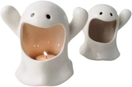 Ghost tea-light ceramic holder by Cornucopia Home and Gift, featuring a ghostly design, perfect for decorative giftware displays.