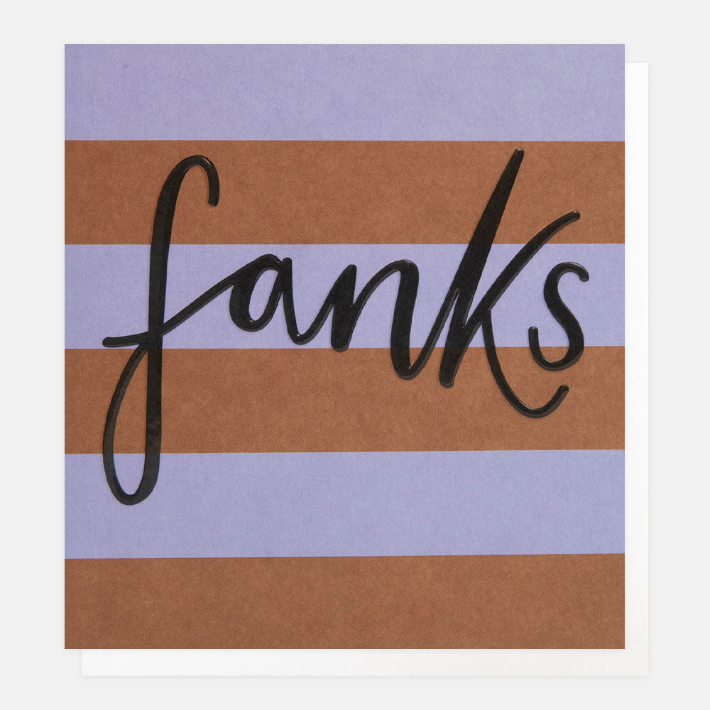 Caroline Gardner thank you birthday card with lilac and brown stripe design, featuring a "Thank You" message on the front.