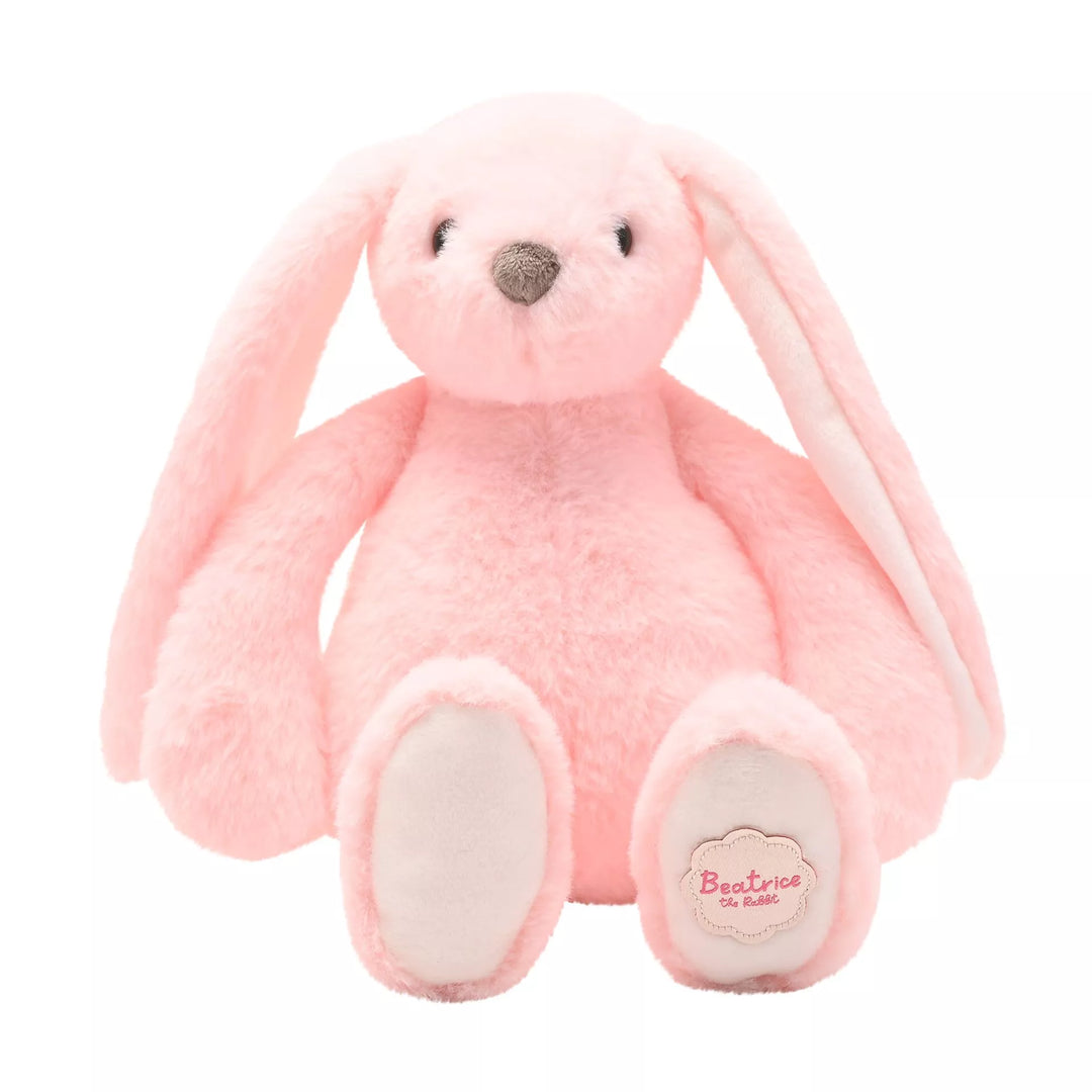 Soft pink plush bunny toy named Beatrice, a classical stuffed animal by Cornucopia Home and Gift for children and collectors.