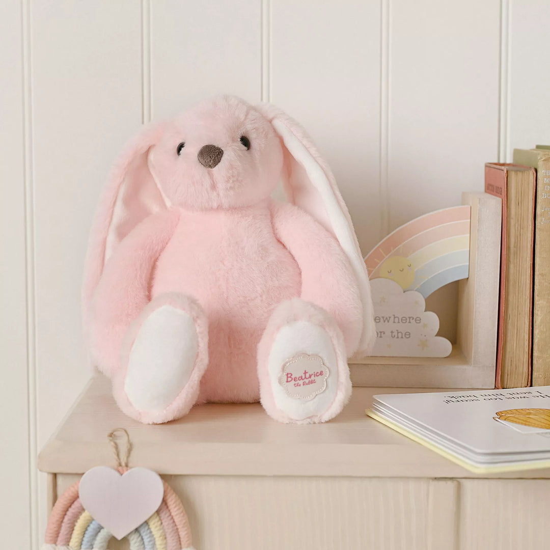 Pink plush bunny softie named Beatrice from Widdop &amp; Co, featuring soft fabric, cute ears, and a friendly, cuddly appearance.