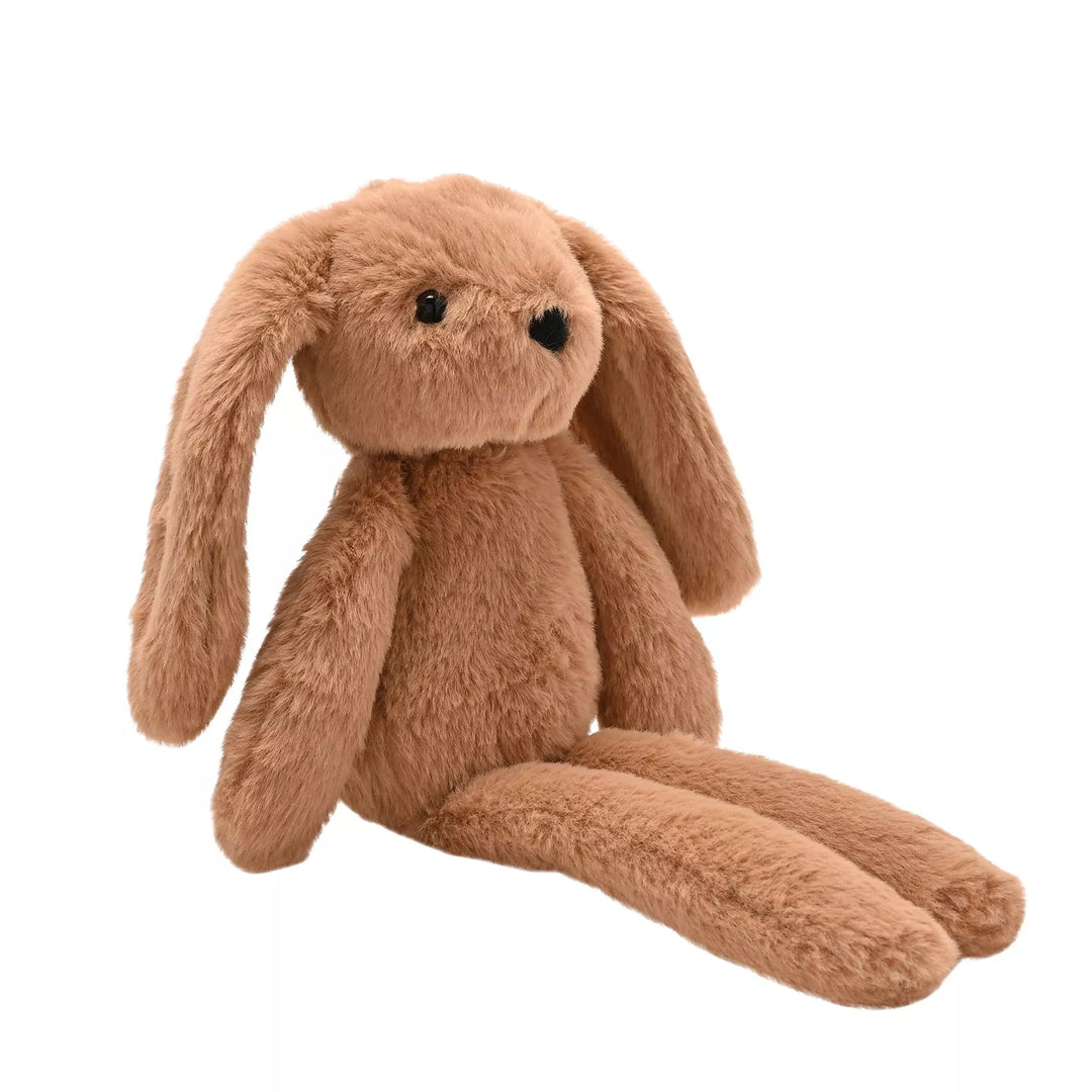 Dark brown Cookie The Bunny plush softie with long legs from Widdop & Co, featuring soft, cuddly fabric and detailed bunny features.