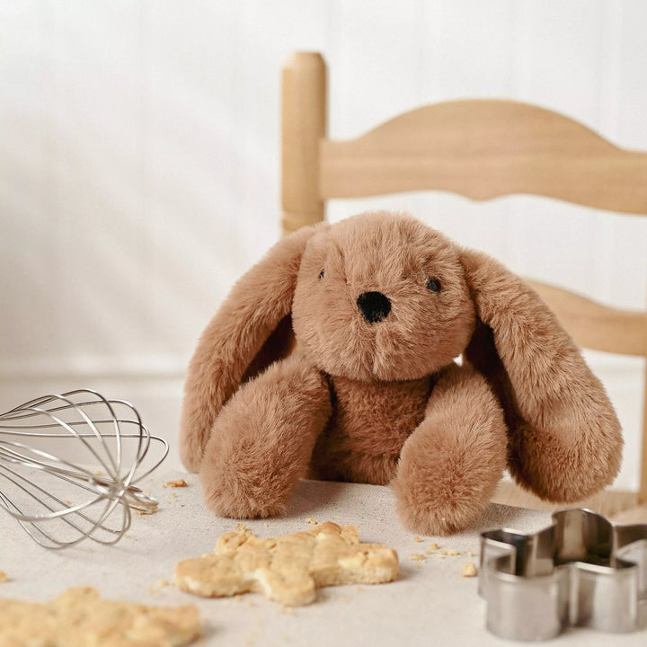 Dark brown Cookie Bunny plush softie with long legs from Widdop &amp; Co, featuring soft, cuddly fabric and detailed bunny features.