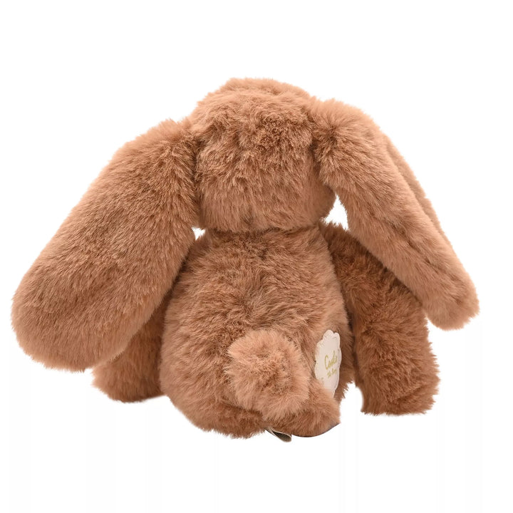 Dark brown Cookie The Bunny plush softie with long legs from Cornucopia Home and Gift, featuring soft, cuddly fabric and detailed bunny features.