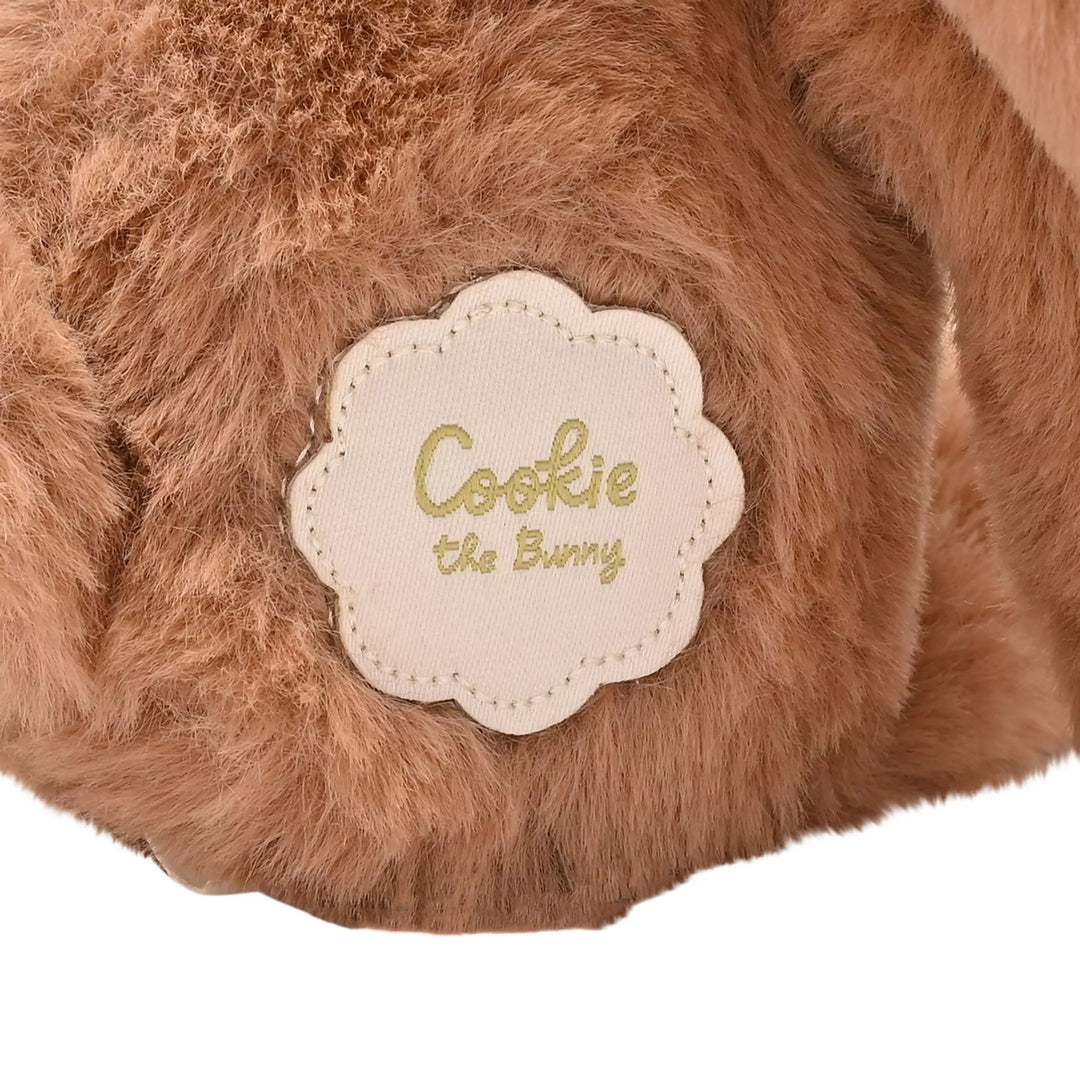 Dark brown Cookie the Bunny plush softie with long legs from Widdop &amp; Co, featuring soft, cuddly fabric and adorable bunny details.